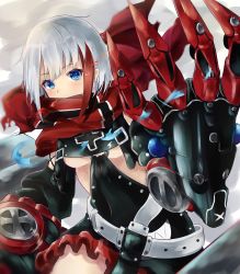 Rule 34 | 1girl, absurdres, admiral graf spee (azur lane), azur lane, belt, black dress, blue eyes, blush, breasts, claws, commentary, covered mouth, cowboy shot, crop top, cross, dress, highres, iron cross, kyoro ina, looking at viewer, mechanical arms, medium breasts, multicolored hair, o-ring, o-ring top, red hair, red scarf, scarf, silver hair, single mechanical arm, solo, streaked hair, thighs, two-tone hair, underboob