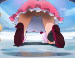 Rule 34 | 1girl, all fours, arm support, black socks, blue sky, cloud, day, dress, frilled dress, frills, from behind, haruyama kazunori, izayoi liko, kneehighs, legs, loafers, mahou girls precure!, no panties, pink dress, precure, purple hair, pussy, pussy peek, red footwear, riko (mahou girls precure!), shoe soles, shoes, skirt, sky, socks, solo, upskirt, when you see it