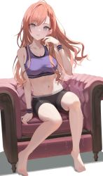Rule 34 | 1girl, :d, absurdres, amrita (amber78gou), arisugawa natsuha, bare arms, bare legs, bare shoulders, barefoot, bike shorts, black shorts, breasts, chair, cleavage, collarbone, crop top, grey eyes, hand up, highres, idolmaster, idolmaster shiny colors, large breasts, long hair, looking at viewer, midriff, navel, open mouth, orange hair, short shorts, shorts, simple background, sitting, sleeveless, smile, solo, sports bra, stomach, sweatband, white background