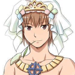 Rule 34 | 1boy, bridal veil, brown eyes, brown hair, cattail, closed mouth, commentary request, jewelry, looking at viewer, mouth hold, natsuya (kuttuki), necklace, plant, ragnarok online, short hair, simple background, smile, solo, stalk in mouth, sura (ragnarok online), topless male, upper body, veil, white background