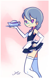 Rule 34 | 1girl, apron, black dress, braid, choker, detached sleeves, drantyno, dress, flat chest, glasses, grey hair, hand on own hip, hasbro, holding, long hair, long sleeves, looking at viewer, maid, maid apron, multicolored hair, my little pony, my little pony: equestria girls, my little pony: friendship is magic, pink background, purple eyes, silver spoon, smile, standing, streaked hair, teapot, thighhighs, tray, waitress, white thighhighs