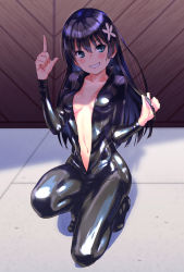 Rule 34 | 1girl, :d, black bodysuit, black hair, blue eyes, bodysuit, breasts, collarbone, day, flower, full body, grin, hair flower, hair ornament, holding, holding hair, index finger raised, latex, latex bodysuit, latex suit, long hair, looking at viewer, on floor, on one knee, open clothes, open mouth, raika9, saten ruiko, shadow, shiny clothes, small breasts, smile, solo, straight hair, sunlight, teeth, toaru kagaku no railgun, toaru majutsu no index, twitter username, very long hair