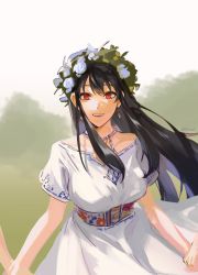 Rule 34 | 1girl, alternate costume, alternate hairstyle, black hair, breasts, dress, earrings, floating hair, flower, head wreath, highres, holding hands, jewelry, long hair, looking at viewer, medium breasts, open mouth, qksas3, red eyes, short sleeves, smile, solo, spy x family, white dress, yor briar
