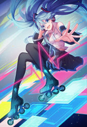 Rule 34 | 1girl, aqua necktie, black skirt, black thighhighs, blue eyes, blue hair, foreshortening, hair between eyes, hatsune miku, headphones, long hair, looking at viewer, necktie, open mouth, outstretched hand, pleated skirt, roller skates, shirt, skates, skirt, sleeveless, sleeveless shirt, smile, solo, sougishi ego, thighhighs, twintails, vocaloid