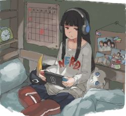 Rule 34 | 1girl, alarm clock, alternate costume, bed, black hair, blanket, blunt bangs, bookshelf, brown eyes, calendar (object), clock, clothes writing, expressionless, failure penguin, game console, grey shirt, handheld game console, hatsuyuki (kancolle), headphones, hime cut, jitome, kantai collection, long hair, long sleeves, miss cloud, nintendo switch, on bed, pants, pants under skirt, photo (object), pillow, shirt, sitting, solo, tara reba, track pants