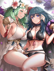 Rule 34 | 2girls, abs, absurdres, alternate costume, bikini, black bikini, black vs white, blue eyes, blue hair, blush, breast press, breasts, byleth (female) (fire emblem), byleth (female) (summer) (fire emblem), byleth (fire emblem), cape, cleavage, closed mouth, dagger, exercising, female focus, fire emblem, fire emblem: three houses, fire emblem heroes, flower, forehead, gonzarez, green eyes, green hair, hair between eyes, hair flower, hair ornament, hand on another&#039;s face, hand on another&#039;s head, hibiscus, highres, holding, knife, large breasts, long hair, looking at another, looking to the side, lying, matching hair/eyes, midriff, multiple girls, navel, nintendo, official alternate costume, parted lips, petals, pink lips, red flower, rhea (fire emblem), sheath, sheathed, sideboob, smile, sweat, sweatdrop, swimsuit, thighs, weapon, weightlifting, white bikini, white cape, white flower