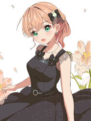 Rule 34 | 1girl, :d, aqua eyes, black bow, black dress, bow, breasts, collarbone, commentary, crossed bangs, dress, dress bow, earrings, falling petals, floral background, flower, flower necklace, hair bow, hair ornament, highres, hinoshita kaho, hinoshita kaho (17th birthday), jewelry, link! like! love live!, looking at viewer, love live!, masaki (masakinariya), medium breasts, medium hair, necklace, no nose, open mouth, orange hair, petals, ponytail, rabbit hair ornament, sleeveless, sleeveless dress, smile, solo, upper body, white background