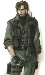 Rule 34 | 1boy, bandages, belt pouch, blood, brown eyes, brown hair, facial hair, fingerless gloves, gloves, hal akane, headset, injury, iroquois pliskin, male focus, metal gear (series), metal gear solid 2: sons of liberty, pouch, solid snake, solo, stubble