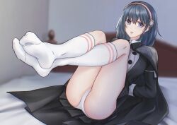 Rule 34 | 1girl, absurdres, arms behind back, ass, bed, bed sheet, bedroom, black cape, black skirt, blue eyes, blue hair, blush, breasts, byleth (female) (fire emblem), byleth (fire emblem), cameltoe, cape, closed mouth, crossed legs, eyelashes, feet, feet up, fire emblem, frown, full body, ghhoward, hairband, highres, indoors, knees up, leaning back, legs, long hair, looking at viewer, medium breasts, nintendo, no shoes, panties, pink hairband, pleated skirt, ribbed socks, shiny skin, sidelocks, skirt, socks, soles, solo, thighs, toes, underwear, white panties, white socks