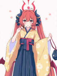 Rule 34 | 1girl, ahoge, black hakama, blue archive, blush, demon wings, food, hakama, halo, highres, holding, holding food, japanese clothes, junko (blue archive), junko (new year) (blue archive), kimono, long hair, long sleeves, official alternate costume, open mouth, pointy ears, red eyes, red hair, red halo, red wings, sateto (user knrf2332), solo, wide sleeves, wings, yellow kimono
