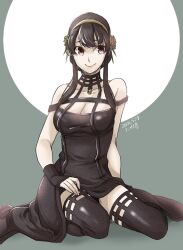 Rule 34 | 1girl, artist name, bare shoulders, black dress, black footwear, black hair, boots, breasts, brown eyes, cleavage, dated, dress, flower, full body, gold hairband, hair flower, hair ornament, hairband, hand on own thigh, high-low skirt, highres, kneeling, large breasts, looking to the side, sidelocks, smile, solo, spy x family, takehide, thigh boots, yor briar