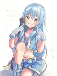 Rule 34 | 1other, absurdres, androgynous, blue footwear, blue hair, blue jacket, blue shorts, blush, boots, chocoeiru, collarbone, colored eyelashes, crop top, gloves, grin, groin, hair between eyes, highres, idol, index finger raised, jacket, long hair, looking at viewer, midriff, navel, open clothes, open jacket, overskirt, rimuru tempest, short shorts, short sleeves, shorts, sitting, smile, stomach, straight hair, tensei shitara slime datta ken, very long hair, white background, white gloves, white sleeves, yellow eyes