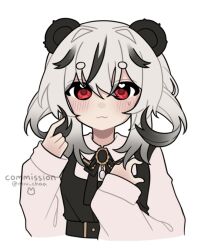 Rule 34 | 1girl, :3, animal ears, artist name, bear ears, bear girl, black hair, blush, bow, commission, grey hair, hand in own hair, heart, heart-shaped pupils, looking at viewer, miu chaa, multicolored hair, papulive, red eyes, rineko (vtuber), second-party source, shirt, solo, sweatdrop, symbol-shaped pupils, thick eyebrows, upper body, virtual youtuber, white background, white shirt