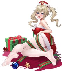 Rule 34 | 1girl, :d, absurdres, alternate breast size, alternate costume, ass, barbara (genshin impact), bare arms, bare shoulders, blonde hair, blue eyes, blush, box, breasts, choker, christmas, christmas present, commentary request, cross, crotch seam, dress, drill hair, feet, full body, fur-trimmed dress, fur trim, genshin impact, gift, gift box, hat, highres, karmiel, knees together feet apart, latin cross, leaning to the side, leg ribbon, legs, long hair, looking at viewer, medium breasts, mini hat, no shoes, open mouth, panties, panties under pantyhose, pantyhose, reclining, red choker, red dress, red hat, red panties, ribbon, santa costume, see-through, see-through legwear, short dress, simple background, sitting, sleeveless, sleeveless dress, smile, soles, solo, star (symbol), teeth, thighband pantyhose, toe seam, tongue, twin drills, two-tone headwear, two-tone ribbon, underwear, upper teeth only, white background, white pantyhose
