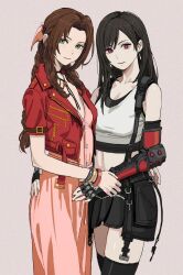Rule 34 | 2girls, aerith gainsborough, arm around waist, black hair, black thighhighs, braid, braided ponytail, brown hair, closed mouth, commentary, crop top, dress, earrings, eyelashes, final fantasy, final fantasy vii, final fantasy vii rebirth, final fantasy vii remake, fingerless gloves, gloves, green eyes, grey background, hair ribbon, highres, holding another&#039;s wrist, jacket, jewelry, looking at viewer, multiple girls, navel, necklace, pink dress, pink eyes, pink ribbon, red jacket, ribbon, shiren (ourboy83), skindentation, skirt, smile, suspender skirt, suspenders, thighhighs, tifa lockhart, upper body, zettai ryouiki