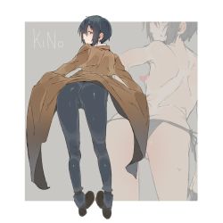 Rule 34 | 1girl, ass, bad id, bad twitter id, belt, bikini, black hair, black panties, blouse, boots, breasts, censored, character name, coat, coat lift, collared shirt, ettone, from behind, full body, green eyes, half-closed eyes, impossible clothes, kino (kino no tabi), kino no tabi, looking back, panties, pants, shirt, short hair, side-tie bikini bottom, small breasts, standing, swimsuit, tomboy, topless, underwear, white shirt