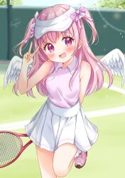 Rule 34 | 1girl, :d, armpits, artist name, bare shoulders, blurry, blurry background, blush, breasts, collared dress, commission, depth of field, dress, eyebrows hidden by hair, feathered wings, frills, hair ornament, hands up, happy, highres, holding tennis racket, long hair, looking at viewer, medium breasts, open mouth, original, outstretched arms, pink eyes, pink footwear, pink hair, pink ribbon, pleated dress, racket, ribbon, shoes, skeb commission, sleeveless, sleeveless dress, smile, sneakers, socks, solo, sportswear, standing, standing on one leg, sugutsuka rerun, tennis racket, tennis uniform, two side up, v, white dress, white headwear, white socks, white wings, wings