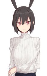Rule 34 | 1girl, black hair, blue skirt, blush, breasts, elfenlied22, fate/grand order, fate (series), head wings, highres, large breasts, light blush, looking at viewer, ortlinde (fate), red eyes, ribbed sweater, short hair, simple background, skirt, smile, solo, sweater, turtleneck, turtleneck sweater, upper body, valkyrie (fate), white background, wings