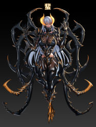 Rule 34 | 1girl, black background, black sclera, breasts, carapace, claws, colored sclera, commentary request, dark-skinned female, dark skin, extra arms, full body, gradient background, highres, horns, large breasts, long hair, looking at viewer, orange eyes, original, silver hair, solo, very long hair, wei (kaminari0411)