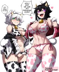 Rule 34 | 2girls, :d, absurdres, animal print, bare shoulders, bell, black choker, black hair, bow, bow panties, bra, breasts, choker, commentary, cow print, cow tail, cowboy shot, fake tail, fangs, green eyes, hair between eyes, hand on own chest, heart, highres, horns, jacket, large breasts, long sleeves, looking at viewer, multiple girls, navel, neck bell, open clothes, open jacket, open mouth, original, panties, purple eyes, rageman709, sheo (rageman709), short hair, side-tie panties, simple background, smile, speech bubble, standing, stomach, tail, thighhighs, thighs, thought bubble, underwear, white background, white hair