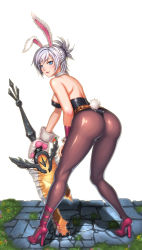 Rule 34 | 1girl, animal ears, animal hands, ass, bare shoulders, battle bunny riven, black leotard, blue eyes, breasts, detached collar, fake animal ears, full body, gloves, hairband, hand on own thigh, high heels, highres, holding, holding sword, holding weapon, league of legends, leaning forward, leotard, lips, looking back, medium breasts, moss, pantyhose, parted lips, paw gloves, pink footwear, pink heels, playboy bunny, rabbit ears, rabbit tail, riven (league of legends), shiny clothes, shiny skin, short hair, sideboob, silver hair, simple background, single glove, solo, standing, stone floor, strapless, strapless leotard, sword, tail, tsurime, turna98, weapon, white background, white gloves, white hairband