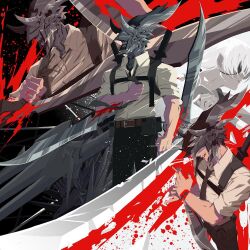 Rule 34 | 1boy, 1girl, black necktie, black pants, blood, blood spray, bloody weapon, chainsaw man, chest belt, collared shirt, crossbow devil (chainsaw man), disembodied hand, holding, holding sword, holding weapon, kishibe (chainsaw man), kishibe (young) (chainsaw man), knife, long hair, necktie, open mouth, original, pants, ponytail, quanxi (chainsaw man), remi tsu, sharp teeth, shirt, shirt tucked in, smile, sword, teeth, weapon, weapon on back, white hair, white shirt