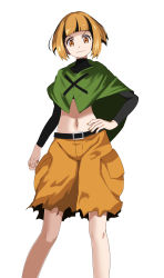 Rule 34 | 1girl, absurdres, belt, belt buckle, black belt, black hair, blonde hair, blunt bangs, brown eyes, buckle, capelet, closed mouth, creatures (company), crop top, full body, game freak, gardenia (pokemon), green capelet, hand on own hip, highres, long sleeves, looking at viewer, midriff, multicolored hair, nail polish, navel, nintendo, orange shorts, pokemon, pokemon dppt, short hair, shorts, simple background, solo, standing, stomach, torn clothes, torn shorts, tsukishiro saika, two-tone hair, v-shaped eyebrows, white background, yellow nails