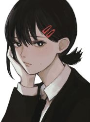 Rule 34 | 1girl, black eyes, black hair, black necktie, chainsaw man, closed mouth, eyelashes, formal, hair between eyes, hair ornament, hairclip, head rest, higashiyama kobeni, highres, inuo (inuo x), looking at viewer, medium hair, mole, mole under eye, necktie, neckwear request, simple background, solo, suit, upper body, white background