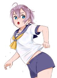Rule 34 | 10s, 1girl, :o, ahoge, aoba (kancolle), bad id, bad pixiv id, blue eyes, clothes pull, cowboy shot, kantai collection, necktie, ojipon, sailor collar, school uniform, serafuku, shorts, simple background, solo, white background