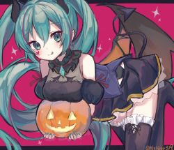 Rule 34 | 1girl, :d, aqua eyes, aqua hair, aqua nails, bad id, bad twitter id, bent over, black dress, black skirt, black thighhighs, commentary, demon tail, demon wings, detached sleeves, dress, facial tattoo, food, frilled thighhighs, frills, halloween, halloween costume, hatsune miku, heart, heart tattoo, highres, holding, holding food, holding pumpkin, holding vegetable, horns, jack-o&#039;-lantern, legs up, long hair, looking at viewer, magenta background, miniskirt, nail polish, noneon319, open mouth, pink background, pleated skirt, puffy detached sleeves, puffy short sleeves, puffy sleeves, pumpkin, short sleeves, sketch, skirt, sleeveless, sleeveless dress, smile, solo, sparkle, tail, tattoo, thighhighs, tongue, tongue out, twintails, vegetable, very long hair, vocaloid, wings, zettai ryouiki