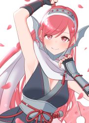 Rule 34 | 1girl, arm up, armpits, breasts, cherche (fire emblem), cleavage, fingerless gloves, fire emblem, fire emblem awakening, fire emblem heroes, gloves, hairband, highres, holding, holding weapon, ikonaska, japanese clothes, large breasts, long hair, looking at viewer, medium breasts, ninja, nintendo, obi, official alternate costume, petals, pink eyes, pink hair, sash, scarf, smile, solo, weapon, white background, white scarf