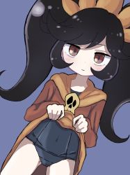 Rule 34 | 1girl, :|, artist request, ashley (warioware), black hair, blue background, blush stickers, closed mouth, clothes lift, dress, dress lift, expressionless, female focus, hairband, lifted by self, long hair, looking at viewer, nintendo, one-piece swimsuit, orange hairband, orange neckwear, red dress, red eyes, school swimsuit, sidelocks, simple background, skin tight, skull, solo, standing, swimsuit, swimsuit under clothes, twintails, warioware