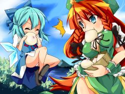 Rule 34 | 2girls, bad id, bad pixiv id, baozi, blue eyes, blue hair, bow, braid, china dress, chinese clothes, cirno, dress, food, hair bow, hat, hong meiling, kotomuke fuurin, long hair, multiple girls, red hair, short hair, ^^^, embodiment of scarlet devil, touhou, twin braids, wings