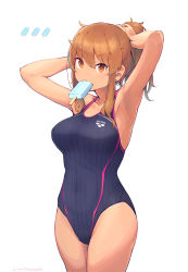 Rule 34 | 1girl, adjusting hair, armpits, blue one-piece swimsuit, breasts, brown eyes, brown hair, competition swimsuit, copyright request, covered navel, food, hair between eyes, highres, looking at viewer, medium breasts, mouth hold, nakaaki masashi, one-piece swimsuit, ponytail, popsicle, short hair, simple background, solo, swimsuit, thighs, twitter username, white background