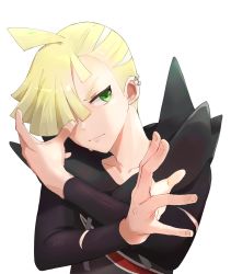 Rule 34 | 1boy, ahoge, black hoodie, blonde hair, closed mouth, collarbone, commentary request, creatures (company), crossed arms, ear piercing, game freak, gladion (pokemon), green eyes, hair over one eye, hands up, highres, hood, hood down, hoodie, hsin, long sleeves, male focus, nintendo, piercing, pokemon, pokemon sm, short hair, simple background, solo, torn clothes, upper body, white background
