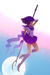Rule 34 | 1990s (style), 1girl, bishoujo senshi sailor moon, boots, bow, brooch, choker, closed eyes, cross-laced footwear, elbow gloves, glaive (polearm), gloves, heart, heart brooch, high heel boots, high heels, highres, holding, holding polearm, holding spear, holding weapon, jewelry, jisoo kim, jisook86, lace-up boots, polearm, purple footwear, purple hair, purple skirt, retro artstyle, sailor saturn, shoes, short hair, skirt, solo, spear, super sailor saturn, tomoe hotaru, weapon