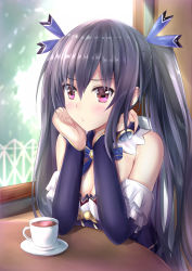 Rule 34 | 1girl, bare shoulders, black hair, blush, breasts, cleavage, cup, hair ornament, hands on own cheeks, hands on own face, highres, indoors, long hair, muwa12, neptune (series), noire (neptunia), red eyes, ribbon, sitting, solo, table, twintails