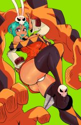 Rule 34 | 1girl, 2016, absurdres, blue hair, blue lips, boots, breasts, cerebella (skullgirls), dark skin, dark-skinned female, eyeshadow, green background, hand up, hat, highres, knee up, large breasts, looking at viewer, makeup, panties, pursed lips, sidelocks, skullgirls, smile, solo, thick thighs, thigh boots, thighhighs, thighs, twisted torso, underwear, upskirt, vice-versa (skullgirls)