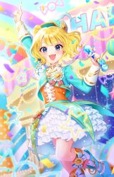 Rule 34 | 1girl, balloon, birthday, blonde hair, blue eyes, commentary, cropped jacket, dress, english commentary, frilled dress, frills, highres, holding, holding microphone, long sleeves, medal, mendamen, microphone, minami mirei, open mouth, pretty series, pripara, short hair, smile, solo, stage