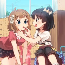 Rule 34 | 10s, 2girls, all fours, black hair, blue eyes, blush, brown eyes, brown hair, cosmetics, flower, hair flower, hair ornament, idolmaster, idolmaster million live!, jewelry, kamille (vcx68), lipstick tube, looking at another, multiple girls, nakatani iku, necklace, open mouth, parted lips, short hair, sitting, smile, suou momoko
