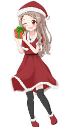 Rule 34 | 1girl, aoba kokona, black pantyhose, blush, boots, christmas, collarbone, dot nose, dress, female focus, full body, gift, hair ornament, hat, highres, holding, holding present, long hair, one eye closed, open mouth, pantyhose, red eyes, santa boots, santa costume, santa dress, santa hat, simple background, solo, white background, yama no susume