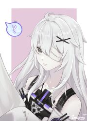 Rule 34 | 1girl, ?, absurdres, ahoge, artist name, bandage over one eye, closed mouth, colored skin, commentary request, dated, detached sleeves, grey eyes, grey hair, grey skin, hair between eyes, hair ornament, highres, long hair, no.21: xxi (punishing: gray raven), no.21 (punishing: gray raven), punishing: gray raven, senescence, sidelocks, sleeves past fingers, sleeves past wrists, solo, spoken question mark, suspenders, very long hair, x hair ornament