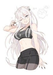 Rule 34 | 1girl, :3, animal ears, arm at side, bare shoulders, black nails, black shorts, breasts, brown pantyhose, claw pose, cropped legs, dog tags, ear piercing, fingernails, grey eyes, grey hair, highres, hololive, lion ears, lion girl, lion tail, long hair, looking at viewer, medium breasts, midriff, nail polish, navel, one-piece swimsuit, open mouth, otama (atama ohanabatake), pantyhose, piercing, poi, sharp fingernails, shishiro botan, shishiro botan (button-down), shorts, simple background, ssrb (shishiro botan), swimsuit, tail, virtual youtuber, white background