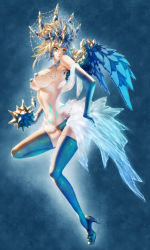 Rule 34 | 1girl, absurdres, anivia, full body, green eyes, high heels, highres, jewelry, league of legends, personification, solo, thighhighs, waterring, wings