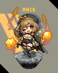 Rule 34 | 1girl, :d, ahoge, anis (nikke), beret, black hat, black jacket, black shorts, black thighhighs, blush, breasts, brown eyes, brown hair, character name, chibi, cleavage, crop top, fingerless gloves, fire, gloves, goddess of victory: nikke, grey gloves, grey shirt, hat, jacket, large breasts, leg up, multicolored clothes, multicolored jacket, one eye closed, open mouth, orange jacket, pixel art, salute, shirosu, shirt, short hair, short shorts, shorts, single glove, smile, solo, thigh strap, thighhighs, two-tone jacket, weapon, weapon on back