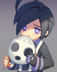 Rule 34 | 1boy, ahoge, allister (pokemon), black hair, black shirt, bright pupils, collared shirt, commentary request, creatures (company), game freak, gloves, grey background, holding, holding mask, holding poke ball, long sleeves, male focus, mask, mole, mole under mouth, nintendo, open mouth, partially fingerless gloves, poke ball, poke ball (basic), pokemon, pokemon swsh, purple eyes, shirt, short hair, single glove, solo, suspenders, upper body, white pupils, wusagi2
