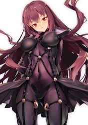 Rule 34 | 1girl, arms behind back, blush, bodysuit, breasts, breasts apart, covered navel, fate/grand order, fate (series), female pubic hair, furisuku, highres, large breasts, long hair, looking at viewer, pubic hair, purple bodysuit, purple hair, red eyes, scathach (fate), simple background, skin tight, solo, very long hair, white background