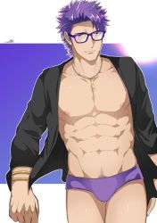 Rule 34 | 1boy, abs, bara, bare pectorals, black shirt, blush, bulge, fate/grand order, fate (series), jewelry, lancelot (fate/grand order), male focus, male swimwear, muscular, muscular male, navel, navel hair, necklace, niichi (niichi21), nipples, official alternate costume, open clothes, open shirt, pectorals, purple-framed eyewear, purple hair, purple male swimwear, shirt, short hair, solo, stomach, swim briefs, thighs