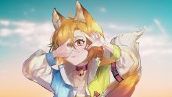 Rule 34 | 1girl, animal ears, bell, blonde hair, blue jacket, cat ears, cat girl, cat tail, collar, collarbone, green jacket, highres, indie virtual youtuber, jacket, kitanya nyanta, multicolored clothes, multicolored jacket, neck bell, one eye covered, portrait, red collar, redmashu, second-party source, solo, tail, virtual youtuber