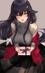 Rule 34 | 1girl, animal ears, azuma (azur lane), azur lane, black hair, black skirt, box, breasts, breath, commentary request, floppy ears, fringe trim, gift, gift box, grey sweater, hair ornament, hairclip, highres, holding, kinokorec, large breasts, long hair, looking at viewer, open mouth, ribbed sweater, scarf, see-through, skirt, smile, solo, sweater, turtleneck, turtleneck sweater, valentine, very long hair, yellow eyes